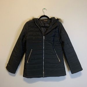 Ambiance Black Puffer Jacket with Faux Fur Hood